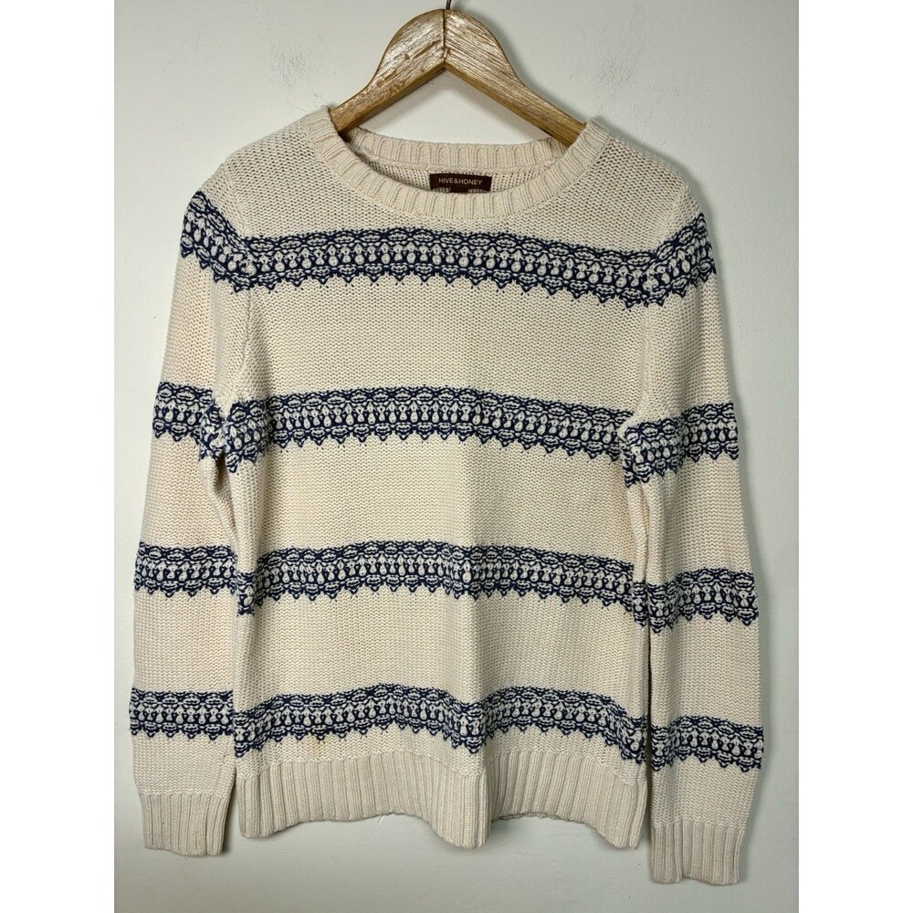 Hive And Honey Knit Sweater Women’s Large Cream And Navy Fall Winter Pullover
